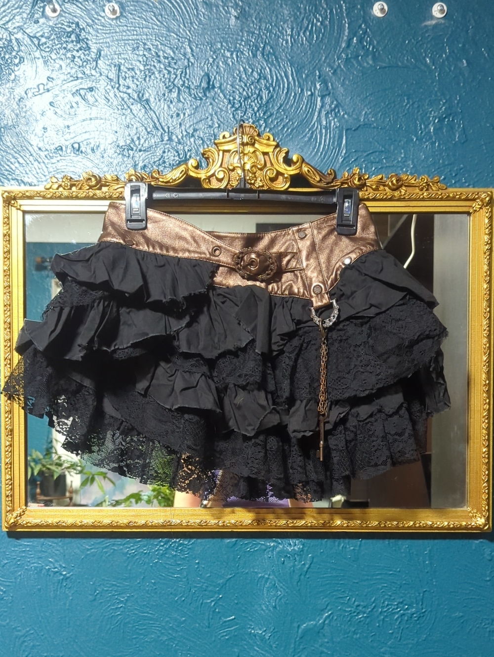 EXTREMELLY RARE Lip Service Skirt Bronze Metallic Waistband and Ornate Buckle